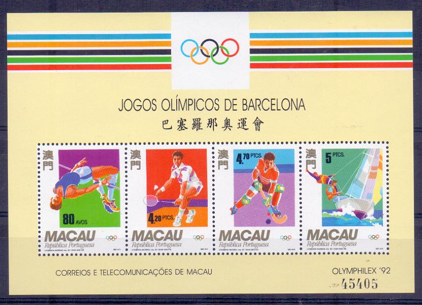 2377.jpg -     Lote:    2377      Lotes pelo Correio      Macau       Descrição:         Macau &mdash; Jogos Olímpicos de Barcelona. Bloco 19 / CE676/79. Valor de catálogo &euro; 25,00.        BLC***       Valor Base:     &euro; 6,00     Valor Venda:     &euro; 6,00     