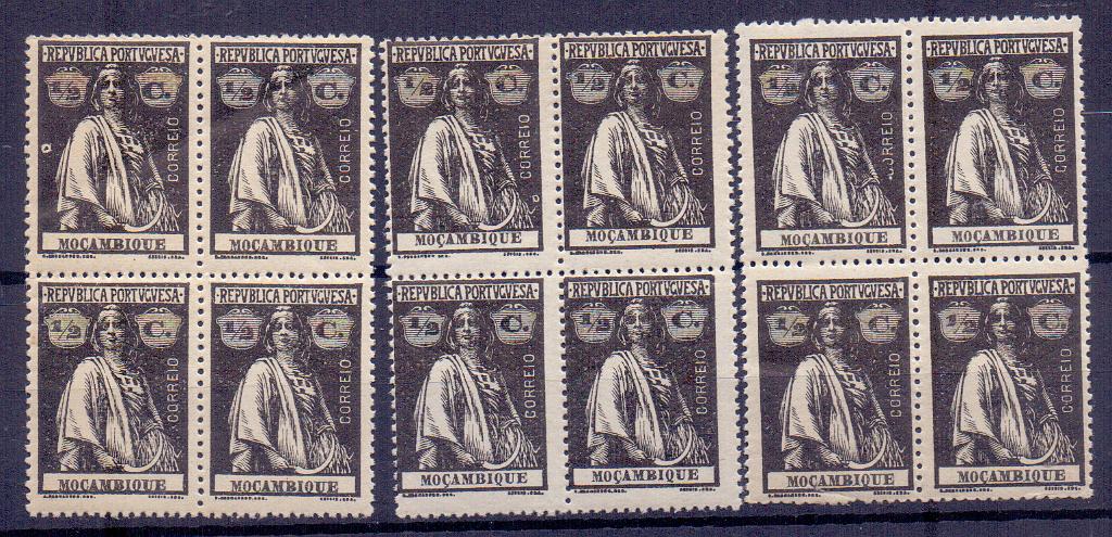 2393.jpg -     Lote:    2393      Lotes pelo Correio      Moçambique       Descrição:         1914 &mdash; Ceres. CE154, &frac12; c. Lote de três quadras: duas com pontos parasitas e uma com variedade de cliché na palavra CORREIO.        *       Valor Base:     &euro; 10,00     Valor Venda:     Retirado     