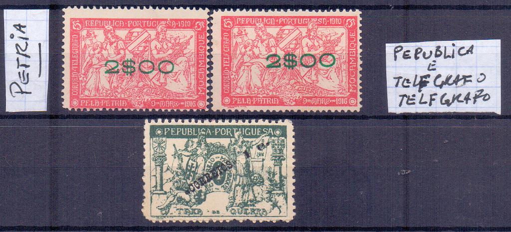 2396.jpg -     Lote:    2396      Lotes pelo Correio      Moçambique       Descrição:         1918/22 &mdash; Taxa de Guerra som sobretaxa. Lote de 3 selos: dois selos CE227, com variedades "PETRIA" + PEPUBLICA e TELFGRAFO e outro CE201 com variedade PEPUBLICA. Valor de catálogo &euro; 59,00        *       Valor Base:     &euro; 10,00     Valor Venda:     Retirado     