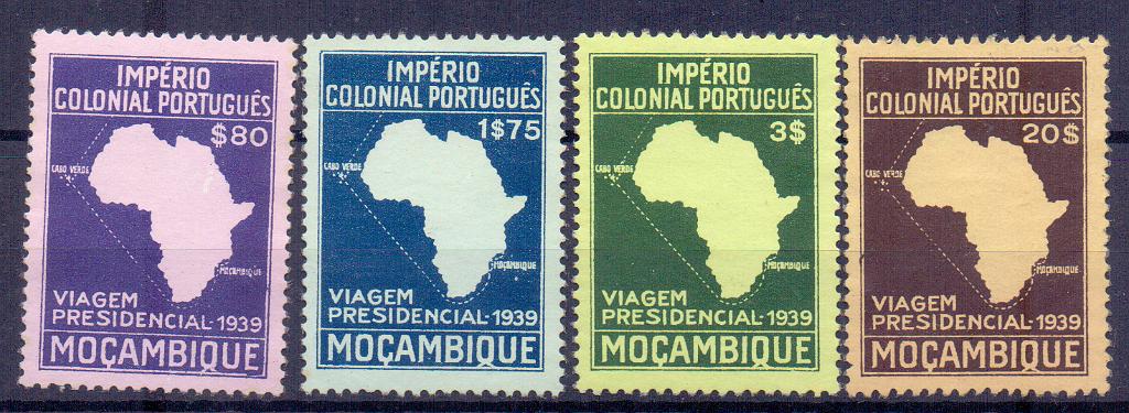 2397.jpg -     Lote:    2397      Lotes pelo Correio      Moçambique       Descrição:         1939 &mdash; Segunda Viagem Presidencial às Colónias. CE308/311. Série completa regomada.        RG***       Valor Base:     &euro; 8,00     Valor Venda:     &euro; 17,00     
