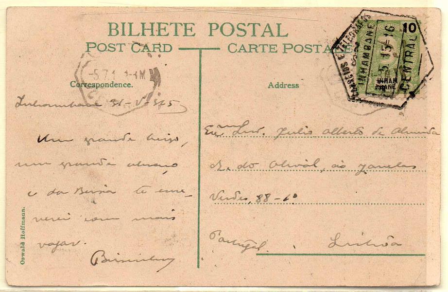 2402.jpg -     Lote:    2402      Lotes pelo Correio      Inhambane       Descrição:         1903 &mdash; D. Carlos I Mouchon. CE17, 10 reis em postal ilustrado circulado de Inhambane (31.05.15) para Lisboa (05.07.15).        PI       Valor Base:     &euro; 8,00     Valor Venda:     &euro; 8,00     