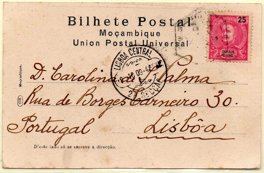 2403.jpg -     Lote:    2403      Lotes pelo Correio      Inhambane       Descrição:         1903 &mdash; D. Carlos I Mouchon. CE20, 25 reis carmim, em postal ilustrado circulado de Inhambane para Lisboa (09.10.09).        PI       Valor Base:     &euro; 8,00     Valor Venda:     &euro; 8,00     