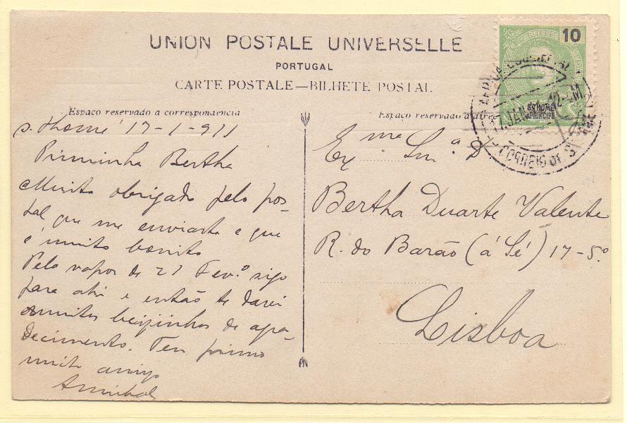 2409.jpg -     Lote:    2409      Lotes pelo Correio      S. Tomé e Príncipe       Descrição:         1898/1901 &mdash; D. Carlos I Mouchon. CE45, 10 reis verde em postal ilustrado circulado de S. Tomé (17.01.11) para Lisboa.        PI       Valor Base:     &euro; 8,00     Valor Venda:     Retirado     