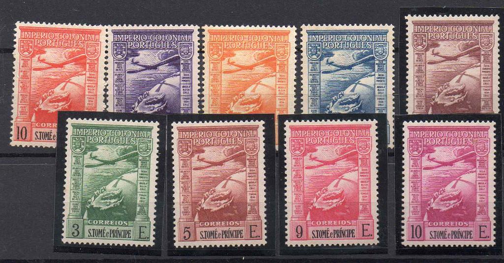 2412.jpg -     Lote:    2412      Lotes pelo Correio      S. Tomé e Príncipe       Descrição:         1939 &mdash; Correio Aéreo. Império Colonial Português. CE CA 10/18. Série completa. Valor de catálogo &euro; 47,00.        **       Valor Base:     &euro; 8,00     Valor Venda:     &euro; 8,00     