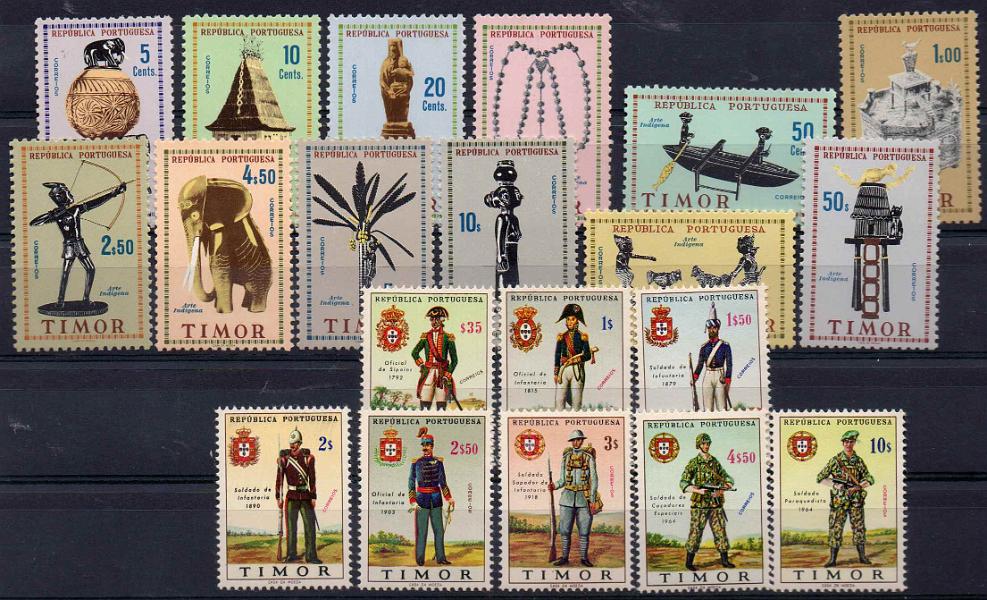 2414.jpg -     Lote:    2414      Lotes pelo Correio      Timor       Descrição:         1961/67 &mdash; Arte Indígena + Uniformes do Exército. CE316/27 e 340/47. Séries completas. Valor de catálogo &euro; 48.00.        ***       Valor Base:     &euro; 10,00     Valor Venda:     Retirado     