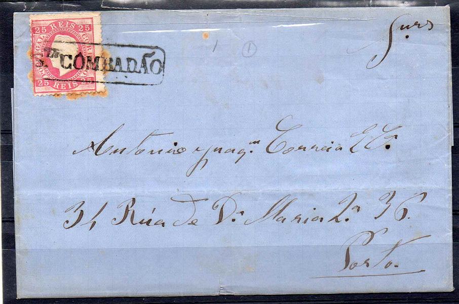 2446.jpg -     Lote:    2446      Lotes pelo Correio      Portugal        Descrição:         Carimbos nominativos. 1870/76 &mdash; D. Luís I. Fita direita. CE40, 25 reis carmim em carta circulada do Santa Comba Dão para o Porto (11.04.78), Carimbo batido a preto "STACOMBADÃO".        Carta       Valor Base:     &euro; 20,00     Valor Venda:     &euro; 20,00     