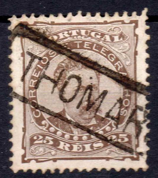 2450.jpg -     Lote:    2450      Lotes pelo Correio      Portugal        Descrição:         Carimbos nominativos. 1882/83 &mdash; D. Luís I, de frente. CE57, 25 reis castanho. Selo obliterado com carimbo a preto "THOMAR".        O       Valor Base:     &euro; 5,00     Valor Venda:     Retirado     