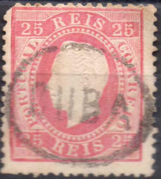 2453.jpg -     Lote:    2453      Lotes pelo Correio      Portugal        Descrição:         Carimbos nominativos. 1870/76 &mdash; D. Luís I, fita direita. CE40, 25 reis carmim, denteado 12 &frac12;. Obliterado com carimbo batido a preto "CUBA". Selo com dente curto.        O       Valor Base:     &euro; 8,00     Valor Venda:     &euro; 8,00     