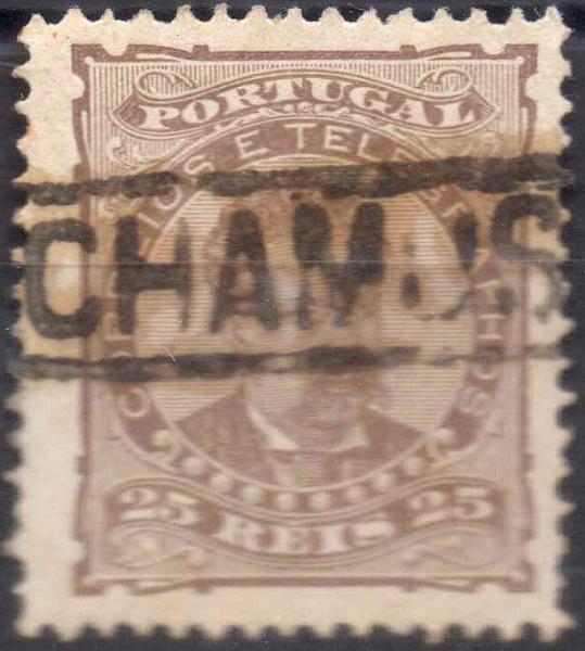 2457.jpg -     Lote:    2457      Lotes pelo Correio      Portugal        Descrição:         Carimbos nominativos. 1882/83 &mdash; D. Luís. De frente. CE57, 25 reis castanho obliterado com carimbo batido a preto "CHAMUSCA".        O       Valor Base:     &euro; 8,00     Valor Venda:     Retirado     