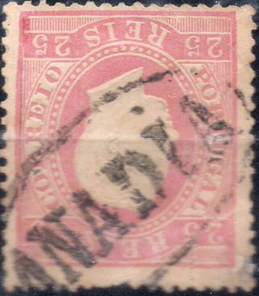 2468.jpg -     Lote:    2468      Lotes pelo Correio      Portugal        Descrição:         Carimbos nominativos. 1870/76 &mdash; D. Luís I, fita direita. CE40, 25 reis carmim, denteado 13 &frac12;, obliterado com carimbo batido a preto de "ANADIA".        O       Valor Base:     &euro; 8,00     Valor Venda:     Retirado     