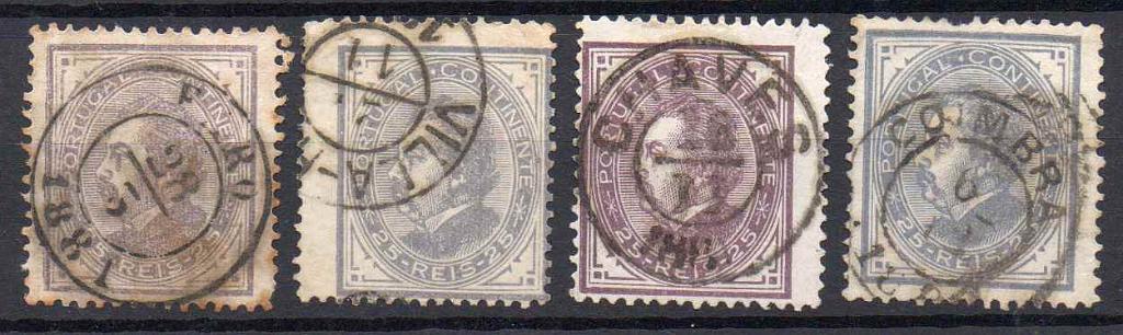 2478.jpg -     Lote:    2478      Lotes pelo Correio      Portugal        Descrição:         Carimbos circulares datados tipo 1842. 1880/81 &mdash; D. Luís I. De perfil. CE53, 25 reis. Quatro selos obliterados com carimbos a preto de "FARO", "VILLA-REAL", "CHAVES" e "COIMBRA".        O       Valor Base:     &euro; 8,00     Valor Venda:     Retirado     