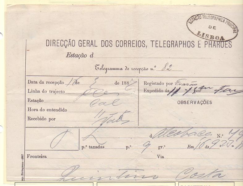 2480.jpg -     Lote:    2480      Lotes pelo Correio      Portugal        Descrição:         Carimbos da telegrafia eléctrica. Telegrama datado de 16.09.87 de Alcobaça para Lisboa. Carimbo batido a preto "ESTAÇÃO TELEGRAPHICA PRINCIPAL / DE / LISBOA".        TLG       Valor Base:     &euro; 5,00     Valor Venda:     &euro; 5,00     