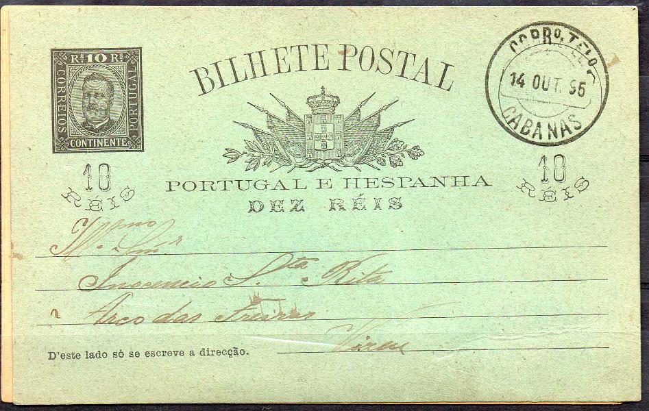 2482.jpg -     Lote:    2482      Lotes pelo Correio      Portugal        Descrição:         Carimbos circulares datados, tipo 1880. Lote com dois inteiros postais OM13 e 22 + postal ilustrados, obliterados com carimbos batidos a preto de CABANAS, BELLAS e PORTO.        IC       Valor Base:     &euro; 9,00     Valor Venda:     Retirado     