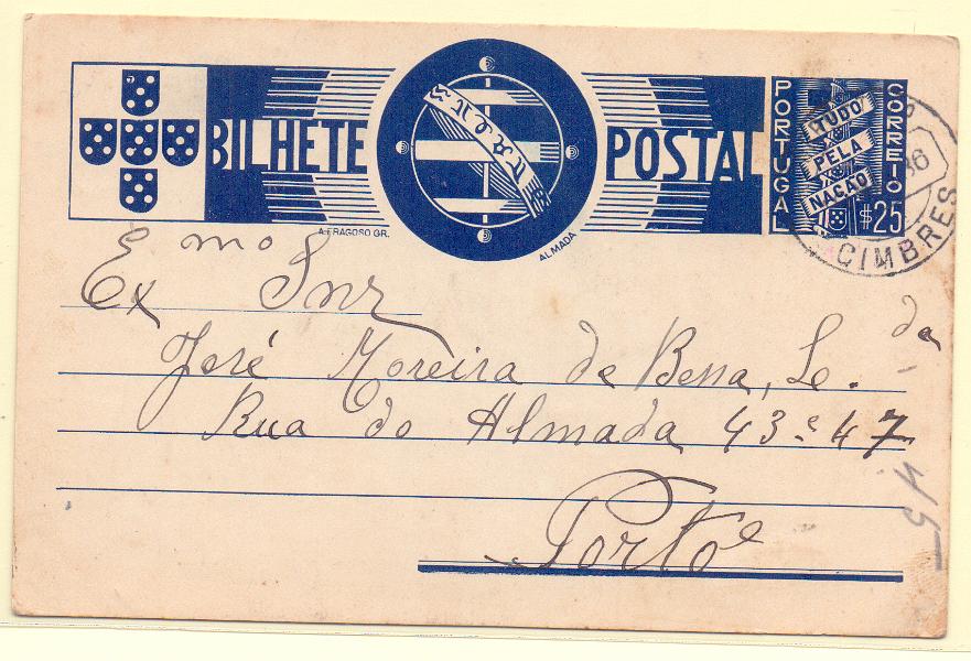 2488.jpg -     Lote:    2488      Lotes pelo Correio      Portugal        Descrição:         Carimbos circulares datados. Inteiro postal OM81, $25 (Tudo pela Nação), circulado de Cimbres (19.03.36) para o Porto. Carimbo batido a preto de "CIMBRES".        IC       Valor Base:     &euro; 8,00     Valor Venda:     &euro; 8,00     