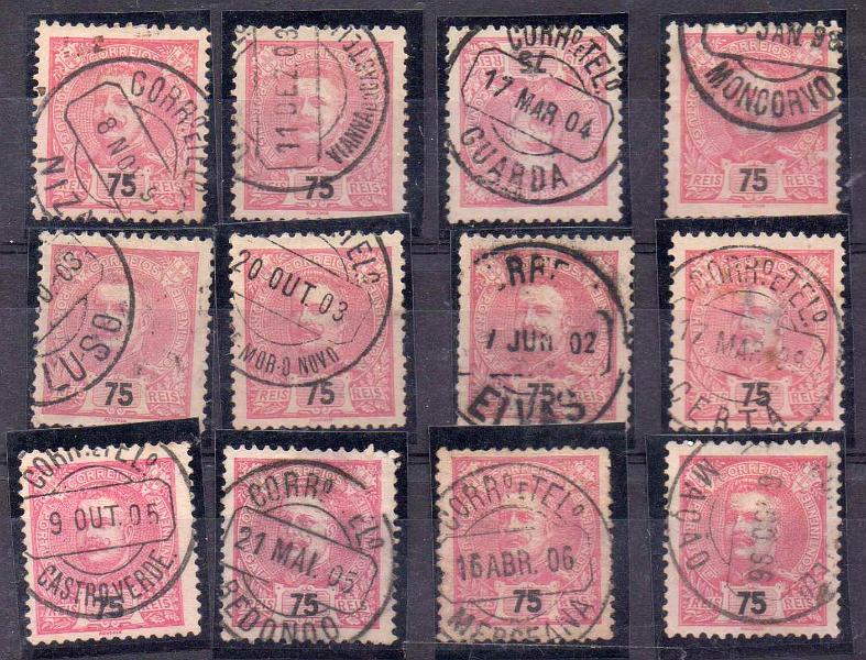 2491.jpg -     Lote:    2491      Lotes pelo Correio      Portugal        Descrição:         Carimbos circulares datados, tipo 1880. Lote 12 com selos tipo D. Carlos I Mouchon de 25 reis carmim CE141, obliterados com carimbos batidos a preto todos diferentes.        Lote       Valor Base:     &euro; 10,00     Valor Venda:     Retirado     