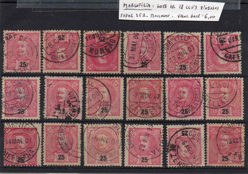 2492.jpg -     Lote:    2492      Lotes pelo Correio      Portugal        Descrição:         Carimbos circulares datados, tipo 1880. Lote 18 com selos tipo D. Carlos I Mouchon de 25 reis carmim CE141, obliterados com carimbos batidos a preto todos diferentes.        Lote       Valor Base:     &euro; 6,00     Valor Venda:     &euro; 6,00     