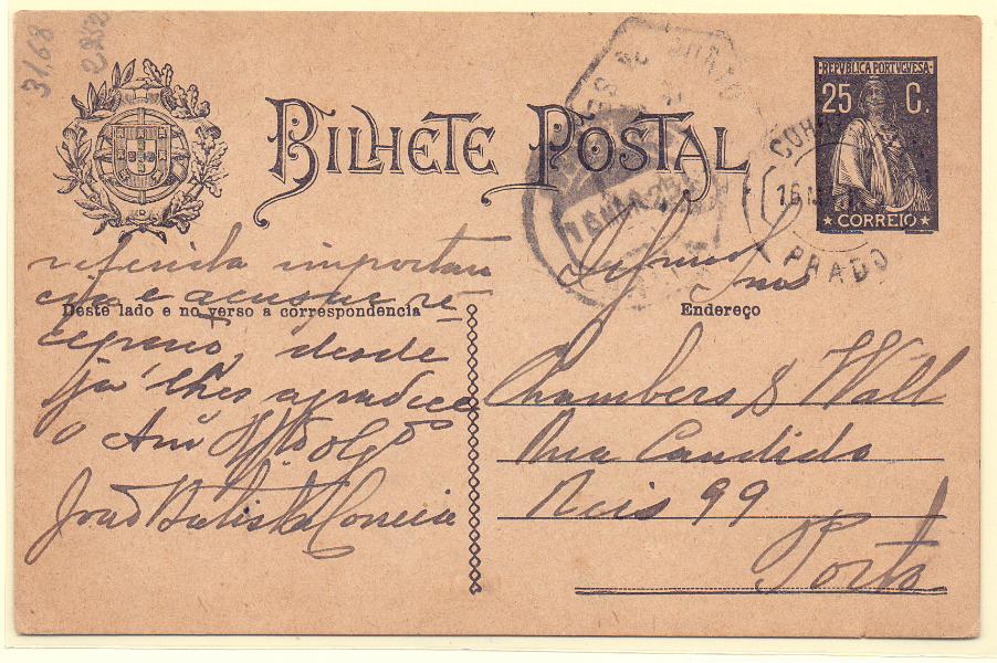 2494.jpg -     Lote:    2494      Lotes pelo Correio      Portugal        Descrição:         Carimbos circulares datados, tipo 1882. 1924/26 &mdash; Ceres. OM74b. Circulado do Prado (16.03.25) para o Porto. Carimbo batido a preto do "PRADO".        IC       Valor Base:     &euro; 10,00     Valor Venda:     Retirado     