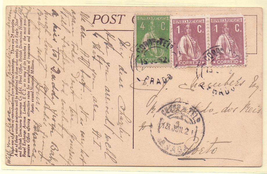 2497.jpg -     Lote:    2497      Lotes pelo Correio      Portugal        Descrição:         Carimbos circulares datados, tipo 1880. 1917/20 &mdash; Ceres. Postal ilustrado circulado de Prado (15.06.21) para o Porto com par de selo de 1C CE221 e selo de 4c CE226. Carimbo batido a preto "PRADO".        PI       Valor Base:     &euro; 10,00     Valor Venda:     Retirado     