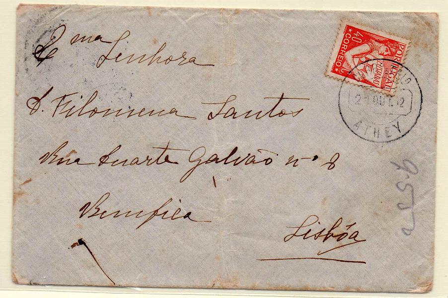 2498.jpg -     Lote:    2498      Lotes pelo Correio      Portugal        Descrição:         Carimbos circulares datados. 1931 &mdash; Lusíadas. CE520, 40c em carta circulada de Athey(21.10.32) para Lisboa. Carimbo batido a preto "ATHEY".        Carta       Valor Base:     &euro; 5,00     Valor Venda:     Retirado     