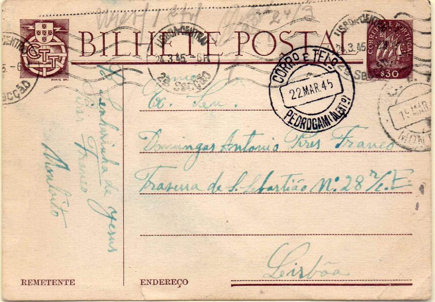 2500.jpg -     Lote:    2500      Lotes pelo Correio      Portugal        Descrição:         Carimbos circulares datados tipo 1942. 1943 &mdash; Caravela. OM98, $30 castanho. Circulado de Montoito (19.03.45) para Lisboa, com trânsito por Pedrógão (22.03.45). Carimbo batido a preto "PEDROGAM (ALTENT.º)"        IC       Valor Base:     &euro; 6,00     Valor Venda:     &euro; 6,00     