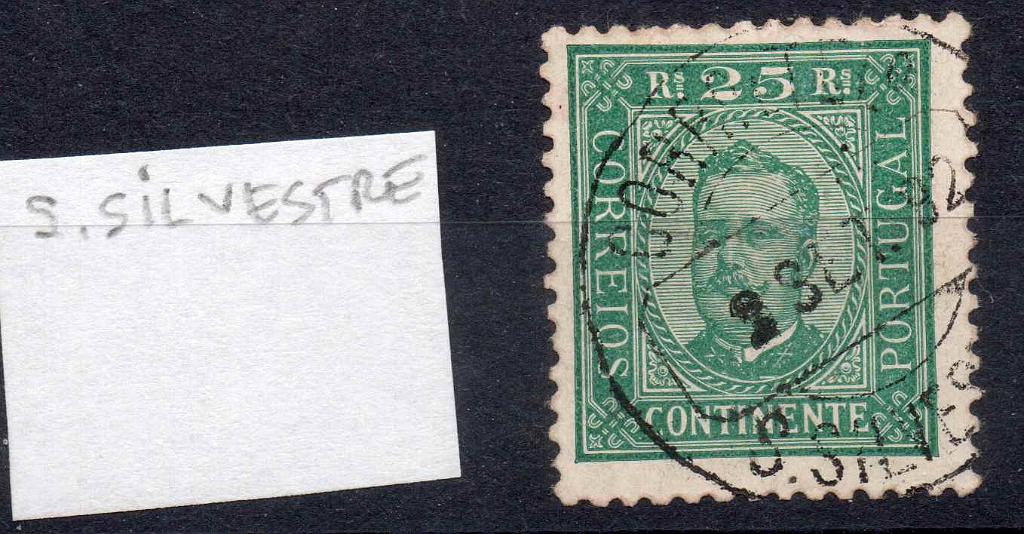 2505.jpg -     Lote:    2505      Lotes pelo Correio      Portugal        Descrição:         Carimbos circulares datados tipo 1882. 1892/93 &mdash; D. Carlos Diogo Neto. CE70, 25 reis obliterado com carimbo a preto "S. SILVESTRE".        O       Valor Base:     &euro; 6,00     Valor Venda:     Retirado     
