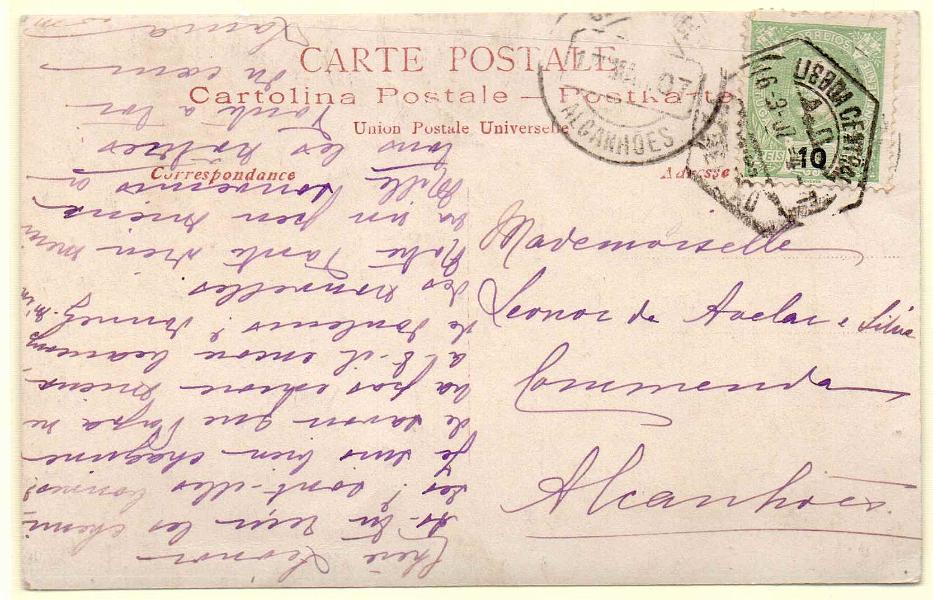 2506.jpg -     Lote:    2506      Lotes pelo Correio      Portugal        Descrição:         Carimbos circulares datados tipo 1882. 1895 &mdash; D. Carlos I Mouchon. Circulado de Lisboa (06.03.07) para Alcanhões. Carimbo batido a preto "ALCANHÕES".        PI       Valor Base:     &euro; 8,00     Valor Venda:     Retirado     
