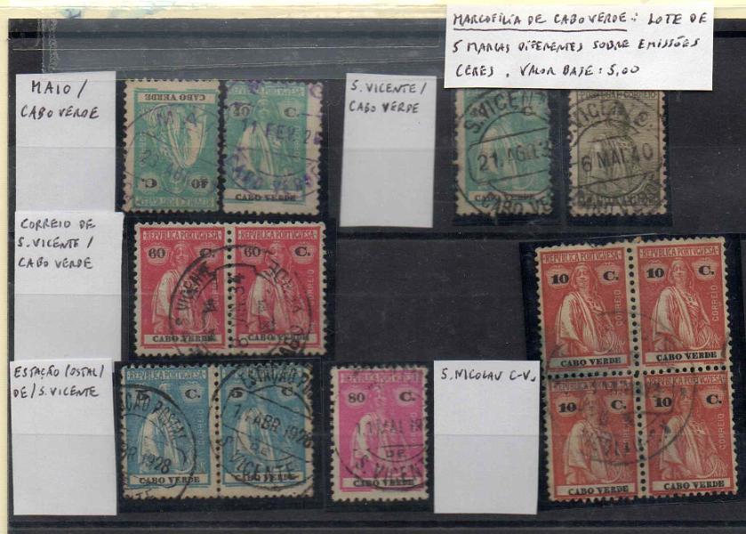 2522.jpg -     Lote:    2522      Lotes pelo Correio      Cabo Verde       Descrição:         Carimbos circulares datados. Lote composto por 9 selos e 1 quadra com carimbos de MAIO, S: VICENTE e S. NICOLAU. Lote a ver.        Lote       Valor Base:     &euro; 5,00     Valor Venda:     Retirado     