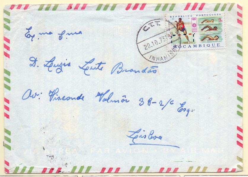 2531.jpg -     Lote:    2531      Lotes pelo Correio      Moçambique       Descrição:         Carimbos circulares datados. 1972 &mdash; XX Jogos Olímpicos. Sobrescrito circulado de Inhaminga (20.10.73) com selo de 3$00 CE528. Carimbo batido a preto de INHAMINGA.        Carta       Valor Base:     &euro; 6,00     Valor Venda:     Retirado     