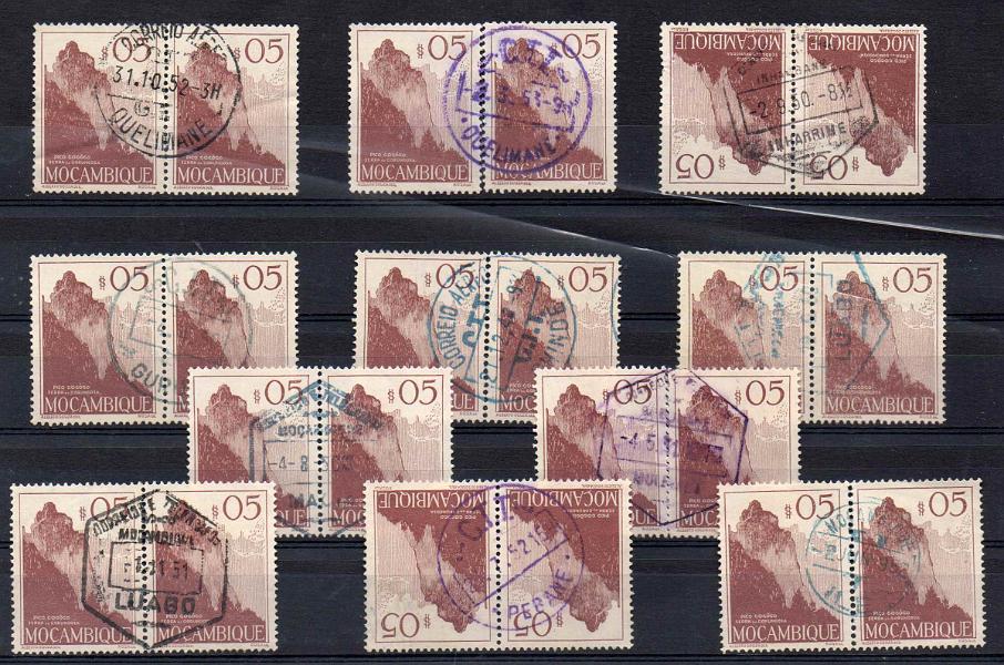 2536.jpg -     Lote:    2536      Lotes pelo Correio      Moçambique       Descrição:         Marcofilia diversa. Lote com 11 pares de selos de $05 CE324 &mdash; Vistas de Moçambique, obliterados com carimbos de diversa tipologia de "QUELIMANE (violeta e preto), INHARRIME, GURUÉ, CHINDE, LUABO (azul e preto), MACIA, MULEVALA, PEBANE (preto) e ILE / V a azul.        Lote       Valor Base:     &euro; 8,00     Valor Venda:     Retirado     