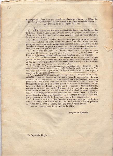 2555.jpg -     Lote:    2555      Lotes pelo Correio             Descrição:         Decreto datado de 13 de Agosto de 1824 sobre os vencimentos dos empregados dos correios + Regulamentos dos Ordenados e Gratificações dos Empregados da Administração do Correio Geral        Livro       Valor Base:     &euro; 8,00     Valor Venda:     Retirado     