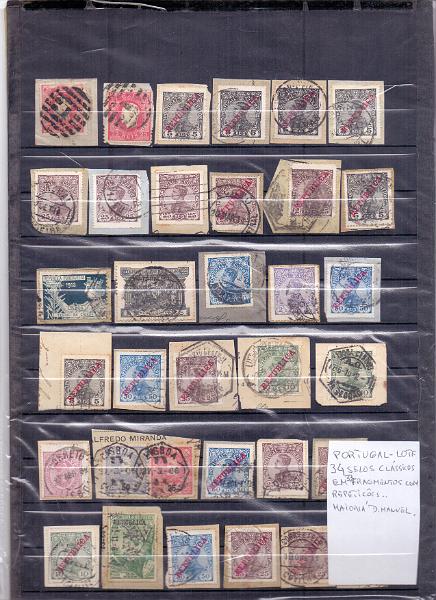 2623.jpg -     Lote:    2623      Lotes pelo Correio             Descrição:         Portugal. Lote com 34 selos em fragmentos a maioria de D. Manuel II. Lote a ver.        Lote       Valor Base:     &euro; 10,00     Valor Venda:     Retirado     