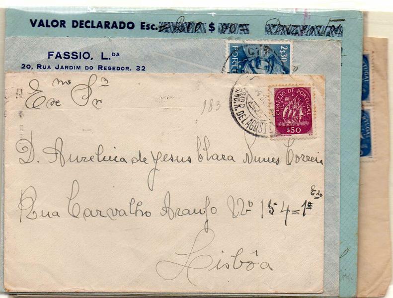 2682.jpg -     Lote:    2682      Lotes pelo Correio             Descrição:         Portugal * 1943 &mdash; Caravela &mdash; Lote composto por 6 sobrescritos, um postal e um valor declarado circulados com selos tipo Caravela de diversas taxas. Lote a ver.        Lote       Valor Base:     &euro; 6,00     Valor Venda:     &euro; 9,00     