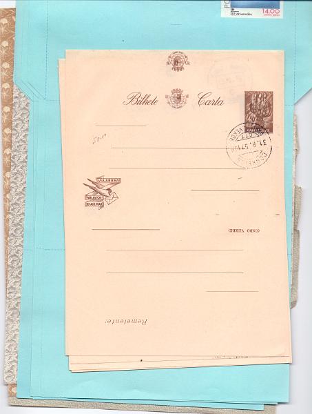 2692.jpg -     Lote:    2692      Lotes pelo Correio             Descrição:         Portugal e Colónias &mdash; Lote com 11 aerogramas (4 de Moçambique, q de Angola, 2 de S. Tomé e 4 de Portugal) + 7 Bilhetes-cartas (3 de Moçambique e 1 de cada de S. Tomé, Cabo Verde, Índia e Macau).        Lote       Valor Base:     &euro; 5,00     Valor Venda:     &euro; 10,00     