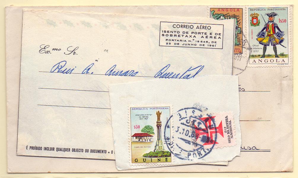 2696.jpg -     Lote:    2696      Lotes pelo Correio             Descrição:         Angola e Guiné &mdash; Lote com: Aerograma de Natal, OM 3.C, circulado para o Luso (Angola); Sobrescrito de Maio 1967, circulado de Nova Lisboa para Teixeira de Sousa com selo CE 504 e "Povoam." 1$50, CE 19; Mais Guiné, CE 322 + Imposto Postal * Defesa $50, CE 13, s/ fragmento.            Lote       Valor Base:     &euro; 8,00     Valor Venda:     Retirado     