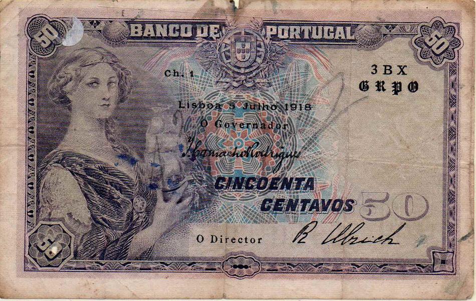2718.jpg -     Lote:    2718      Lotes pelo Correio             Descrição:         1918 &mdash; Mulher. 50 Centavos. Chapa 1 Ulrich, datada de 05.07.18. BC+        NT       Valor Base:     &euro; 15,00     Valor Venda:     Retirado     