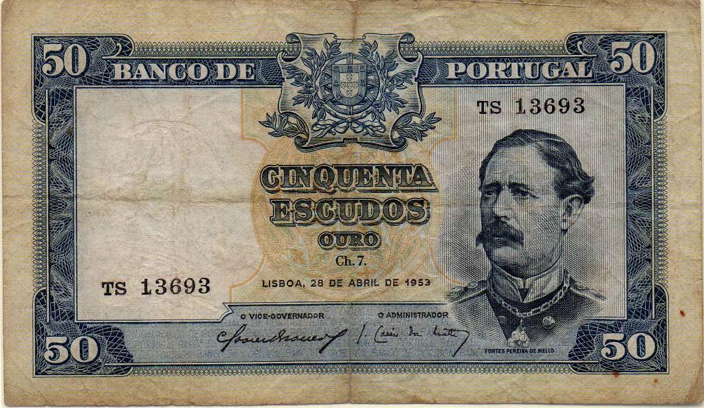 2721.jpg -     Lote:    2721      Lotes pelo Correio             Descrição:         1953 &mdash; Fontes Pereira de Melo. 50$00. Chapa 7, datada de 28.04.53. BC+        NT       Valor Base:     &euro; 10,00     Valor Venda:     Retirado     