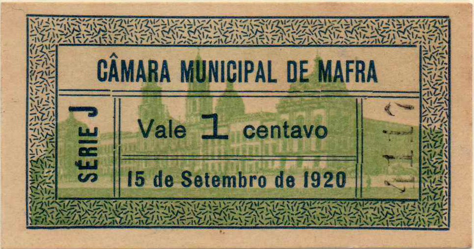2745.jpg -     Lote:    2745      Lotes pelo Correio             Descrição:         Mafra (Câmara Municipal). 1C verde azul, série J. MA1431. UNC.        CDL       Valor Base:     &euro; 10,00     Valor Venda:     &euro; 10,00     