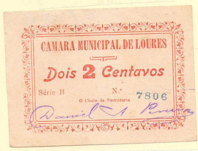2763.jpg -     Lote:    2763      Lotes pelo Correio             Descrição:         Loures (Câmara Municipal) &mdash; 2 C, MA 1271.a, Série. "B", Bela+, Rara          CDL       Valor Base:     &euro; 20,00     Valor Venda:     &euro; 20,00     