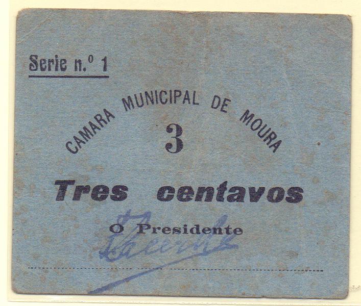 2797.jpg -     Lote:    2797      Lotes pelo Correio             Descrição:         Moura (Câmara Municipal) &mdash; 3 C, Série 1, MA 1503, MBC-, Rara           CDL       Valor Base:     &euro; 8,00     Valor Venda:     &euro; 8,00     