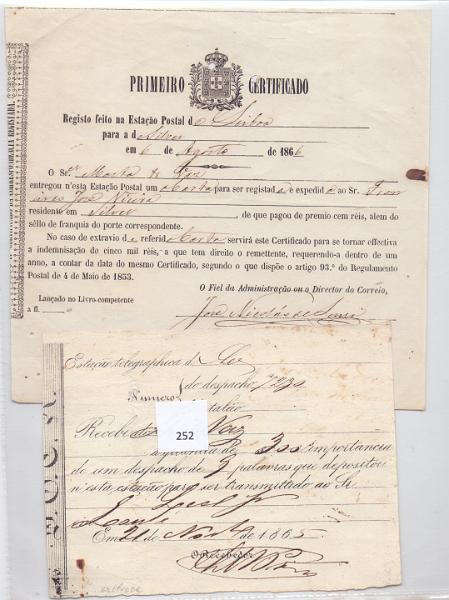 2826.jpg -     Lote:    2826      Lotes pelo Correio             Descrição:         1865, Recibo de Telegrama expedido de Lisboa (21.11.1865) e "Primeiro Certificado de Registo" de correspondência, de (06.08.1866).        DOC       Valor Base:     &euro; 5,00     Valor Venda:     &euro; 8,00     