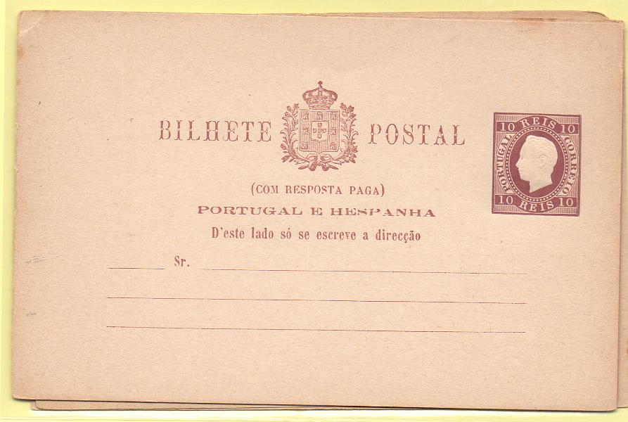 1611.jpg -     Lote:    1611      Lotes pelo Correio      Portugal        Descrição:         1880/81 &mdash; D. Luís I. Fita direita. Impressão em relevo. Baixa de porte. OM 7/8. Lote composto por inteiro de, 10 reis + dois de 10+10, um deles em cartolina grossa. Novos.        IN       Valor Base:     &euro; 8,00     Valor Venda:     &euro; 8,00     