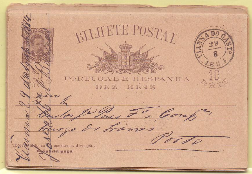 1615.jpg -     Lote:    1615      Lotes pelo Correio      Portugal        Descrição:         1884/87 &mdash; D. Luís I. De frente. OM9 e 11, 10 e 10+10 reis. Lote composto por 10 inteiros: Oito inteiros OM9 (seis novos e dois circulados, com variedades de cartolina e tonalidades + OM11 novo e outro com 1.ª folha circulada de Viana do Castelo (29.08.84) para o Porto.        IN/IC       Valor Base:     &euro; 8,00     Valor Venda:     &euro; 8,00     
