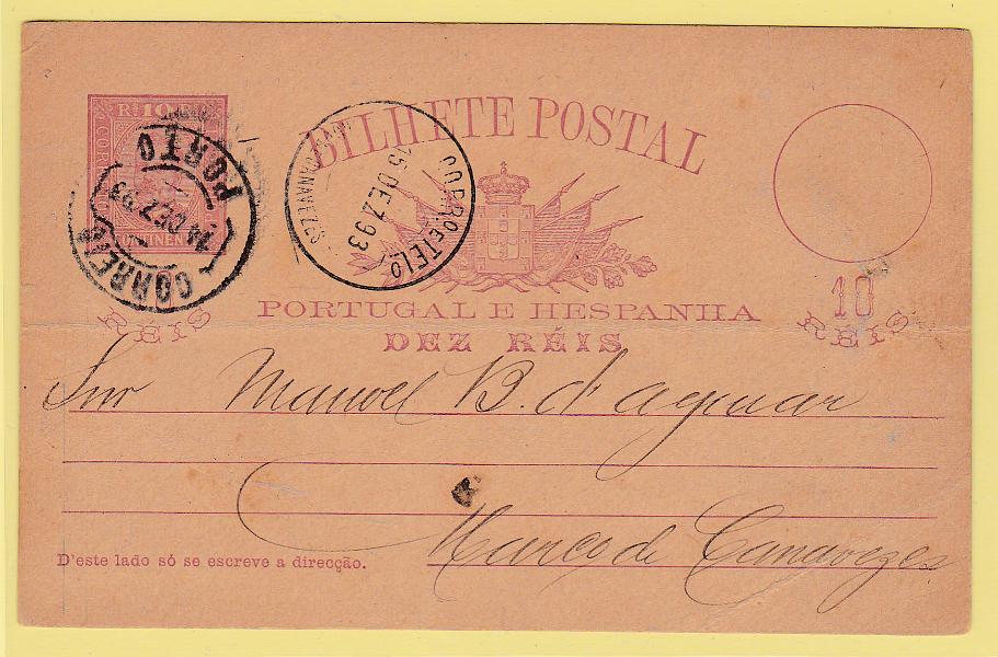 1617.jpg -     Lote:    1617      Lotes pelo Correio      Portugal        Descrição:         1892/95 &mdash; D. Carlos I Diogo Neto. OM13, 10 reis, circulado do Porto (14.12.93) para Marco de Canavezes.        IC       Valor Base:     &euro; 5,00     Valor Venda:     Retirado     
