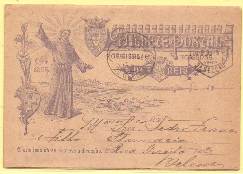 1623.jpg -     Lote:    1623      Lotes pelo Correio      Portugal        Descrição:         1895 &mdash; 7.º Centenário do Nascimento de S. António. OM21, 10 reis. Lote com inteiro novo e inteiro circulado,        IN/IC       Valor Base:     &euro; 4,00     Valor Venda:     Retirado     