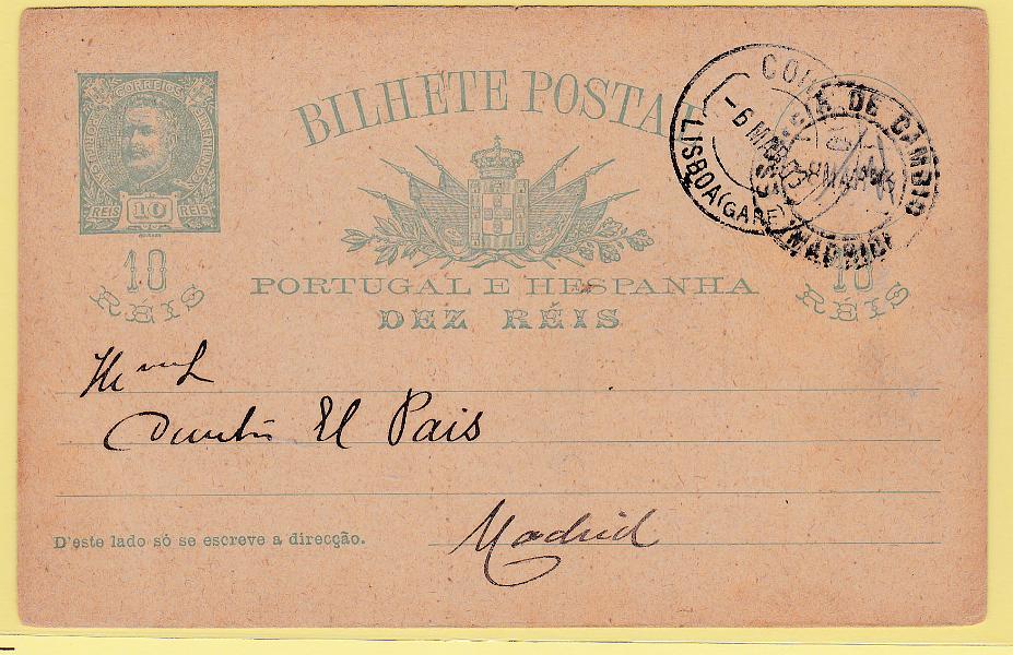 1625.jpg -     Lote:    1625      Lotes pelo Correio      Portugal        Descrição:         1896 &mdash; D. Carlos I Mouchon. OM23, 10 reis, circulado de Lisboa (06.03.03) para Madrid.        IC       Valor Base:     &euro; 5,00     Valor Venda:     Retirado     