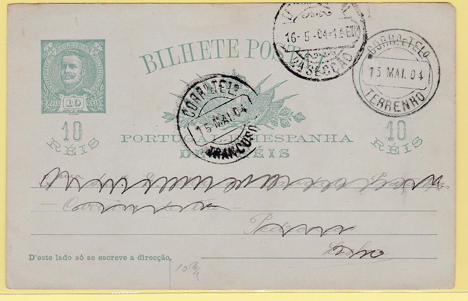 1636.jpg -     Lote:    1636      Lotes pelo Correio      Portugal        Descrição:         1900 &mdash; D. Carlos I Mouchon. OM38, 10 reis, circulado de terrenho (15.05.04) para Lisboa (16.05.04), com trânsito por Trancoso (15.05.04).        IC       Valor Base:     &euro; 6,00     Valor Venda:     &euro; 6,00     