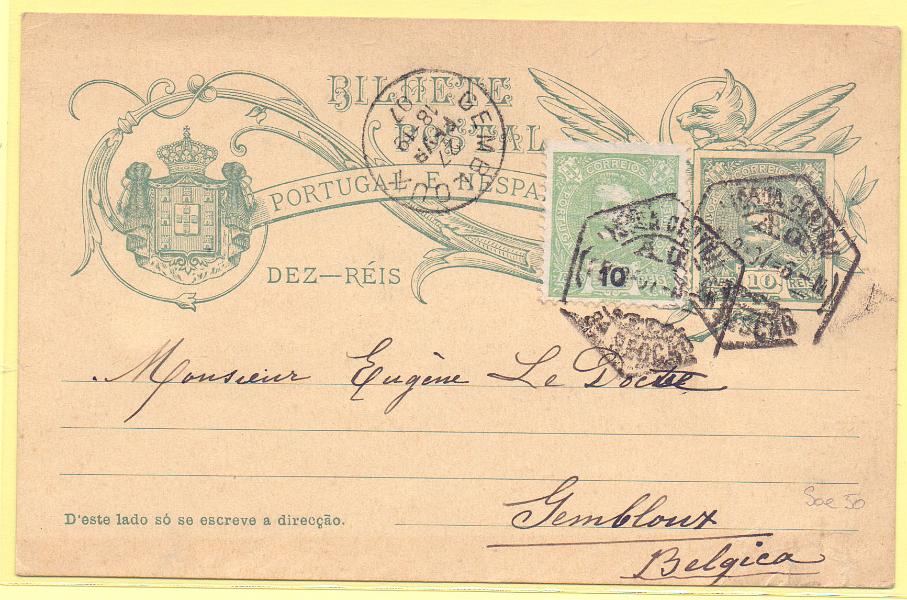 1638.jpg -     Lote:    1638      Lotes pelo Correio      Portugal        Descrição:         1905 &mdash; D. Carlos I Mouchon. OM41, 10 reis. Circulado com selo adicional de 10 reis tipo D. Carlos I Mouchon CE128, de Lisboa (25.02.07) para a Bélgica (27.02.07).        IC       Valor Base:     &euro; 6,00     Valor Venda:     Retirado     