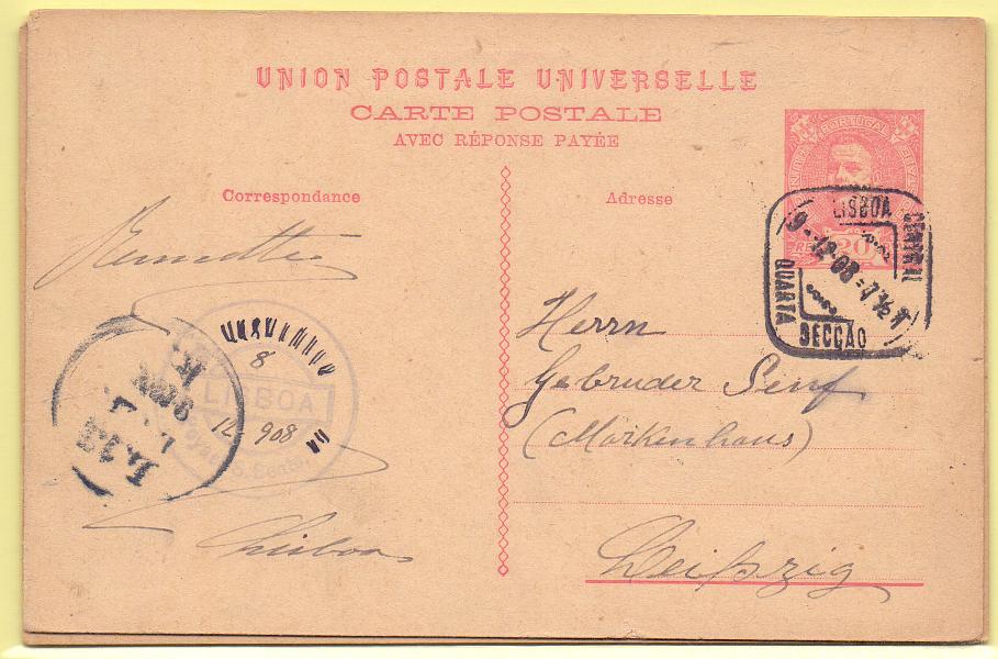 1640.jpg -     Lote:    1640      Lotes pelo Correio      Portugal        Descrição:         1905 &mdash; D. Carlos I Mouchon. Lote composto por OM45, 20 reis vermelho (um novo e outro circulado) + OM47, 20+20 reis (um novo e outro circulado de Lisboa (09.12.08) para a Alemanha). Lote a ver.        IN/IC       Valor Base:     &euro; 10,00     Valor Venda:     &euro; 10,00     