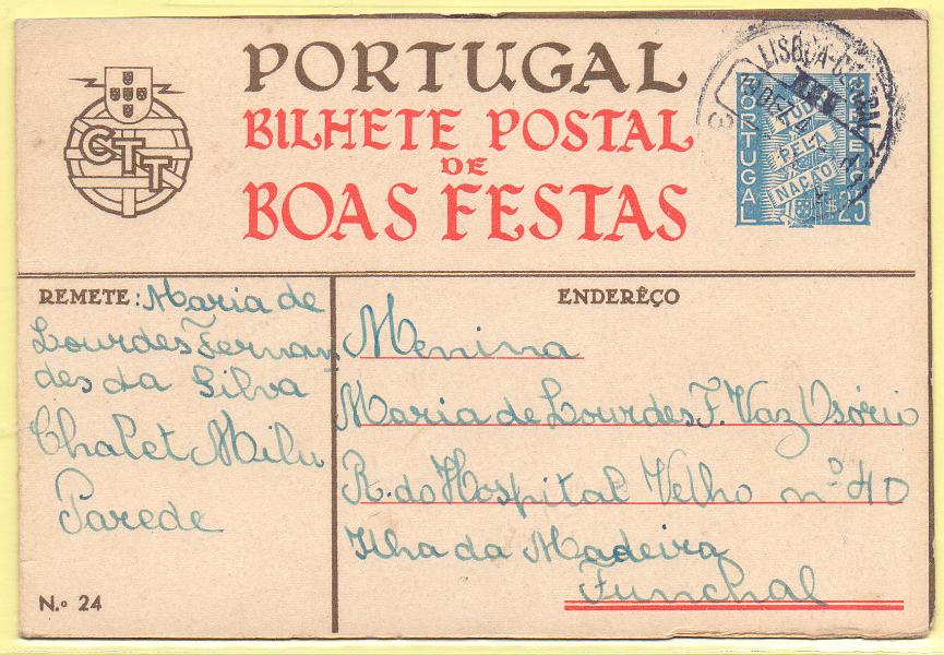1655.jpg -     Lote:    1655      Lotes pelo Correio      Portugal        Descrição:         1938 &mdash; Boas Festas. Selo Tudo pela Nação. OM89, n.º 24 (A Ceia de Natal). Circulado da Parede (19.12.41) para o Funchal.        IC       Valor Base:     &euro; 7,00     Valor Venda:     &euro; 9,00     