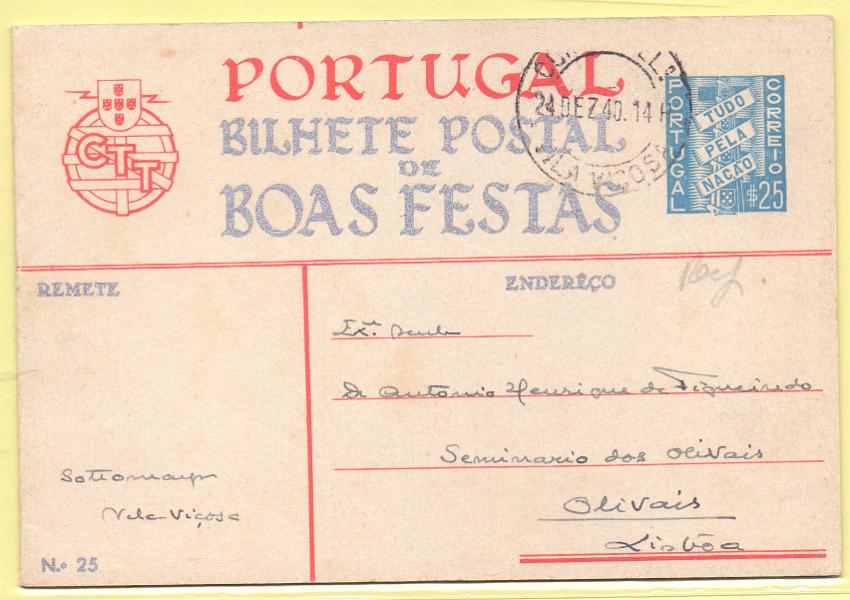 1656.jpg -     Lote:    1656      Lotes pelo Correio      Portugal        Descrição:         1938 &mdash; Boas Festas. Selo Tudo pela Nação. OM89, n.º 25 (Presépio). Circulado de Vila Viçosa (24.12.40) para Lisboa.        IC       Valor Base:     &euro; 7,00     Valor Venda:     &euro; 9,00     